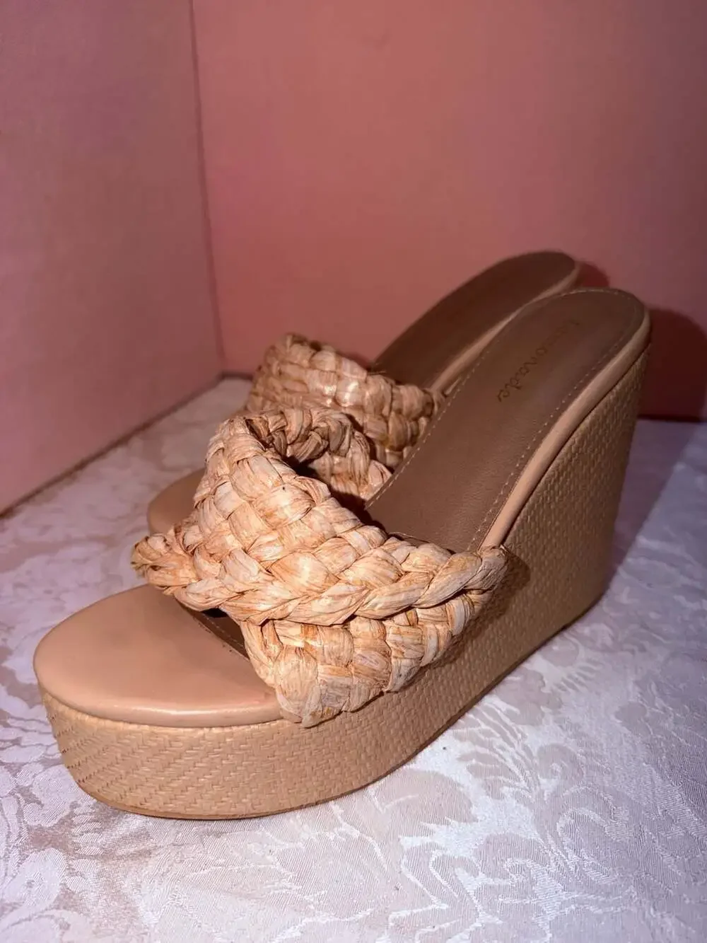Lemonade Raffia Braided Strap Platform Wedge Slide Sandal Nude